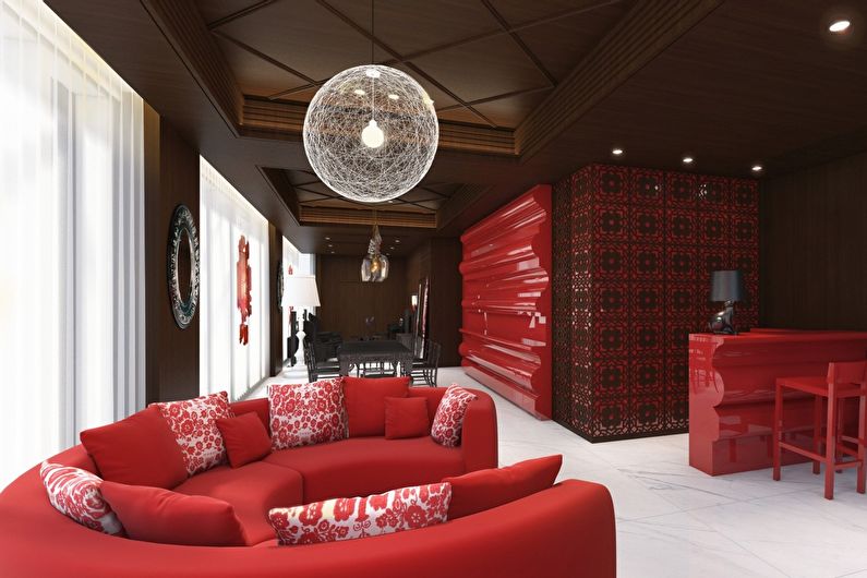 Kombinácia farieb v interiéri obývacej izby - červená s hnedou a bielou