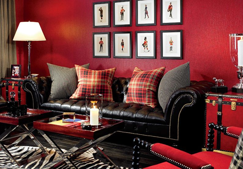 Kombinácia farieb v interiéri obývacej izby - červená s čiernou