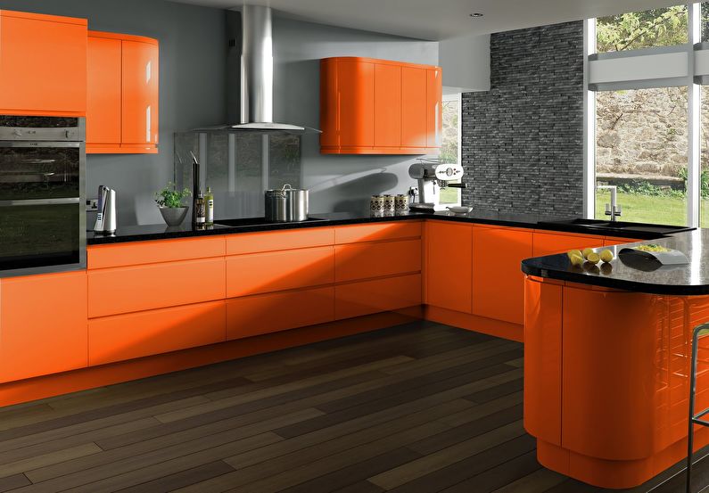การรวมกันของสีในการตกแต่งภายในของห้องครัว - สีส้มกับสีเทา
