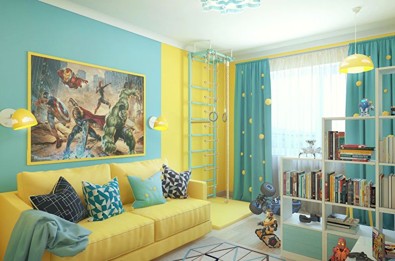 Kombinationen af ​​farver i det indre af børnenes værelse - gul med turkis