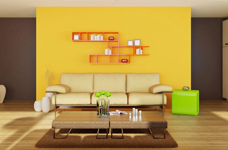 Krāsu kombinācija viesistabas interjerā - dzeltena ar brūnu