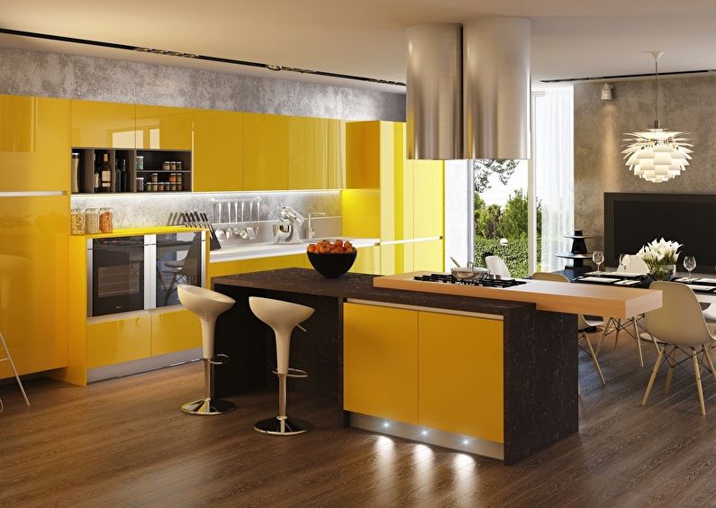 Krāsu kombinācija virtuves interjerā - dzeltena ar brūnu, pelēku un baltu