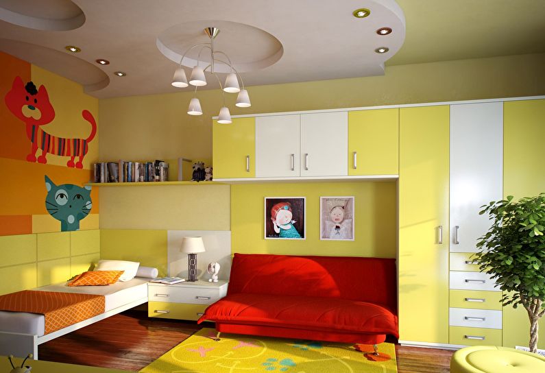 Połączenie kolorów we wnętrzu pokoju dziecięcego - żółty z czerwonym i pomarańczowym