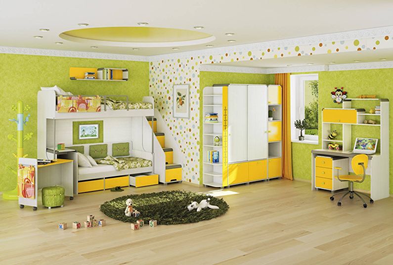 La combinación de colores en el interior de la habitación de los niños: verde con amarillo y blanco.