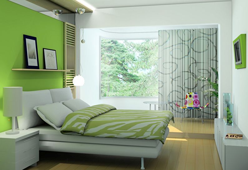 Kombinationen av färger i det inre av sovrummet - grönt med vitt