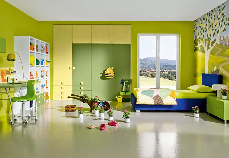 Połączenie kolorów we wnętrzu pokoju dziecięcego - zielony z żółtym, niebieskim i białym