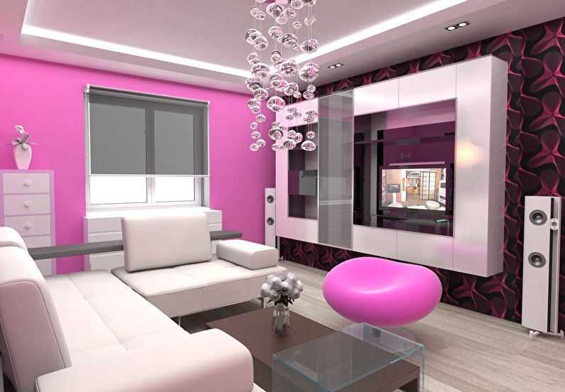 La combinación de colores en el interior de la sala de estar: rosa con blanco y negro.
