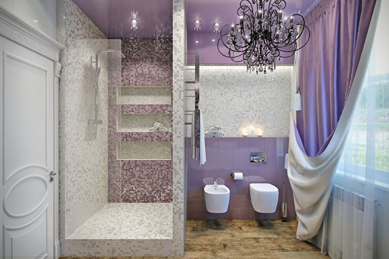 Spalvų derinys vonios kambario interjere - violetinė su smėlio ir balta