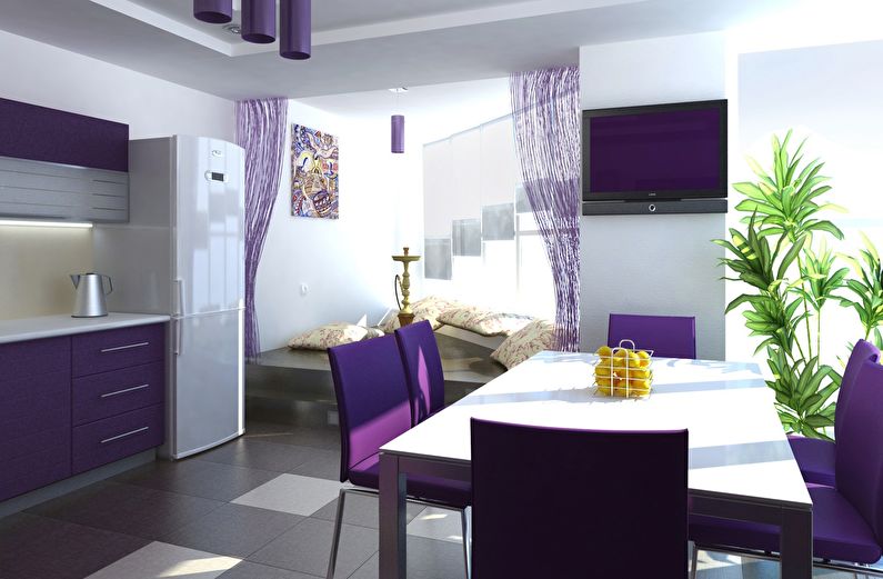 Gabungan warna di bahagian dalam dapur - ungu dengan putih