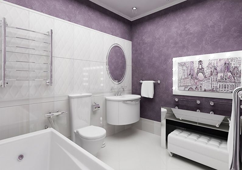 A combinação de cores no interior do banheiro - roxo com branco
