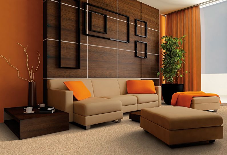 La combinazione di colori all'interno del soggiorno - marrone con arancio e beige