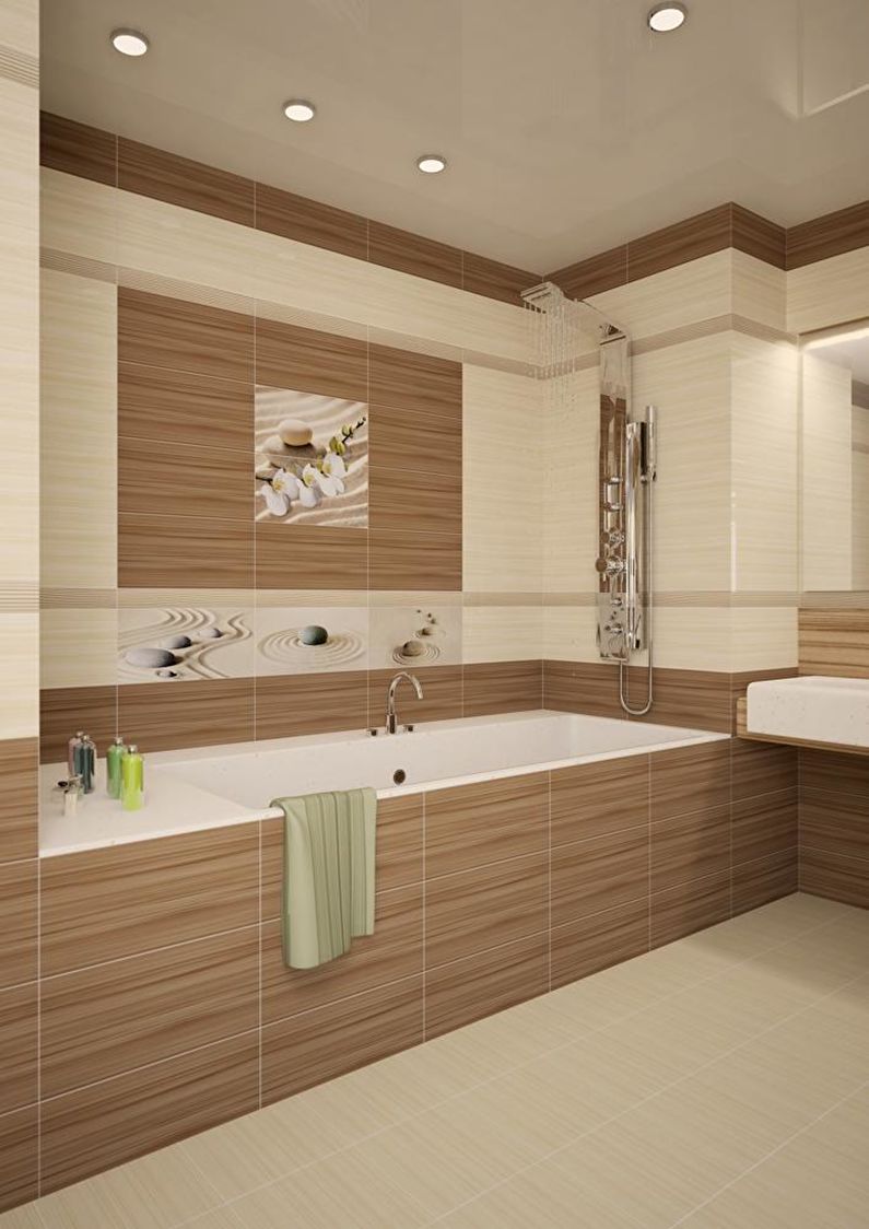 Spalvų derinys vonios kambario interjere - ruda su balta ir smėlio spalvos