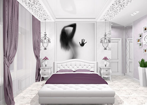 Mīlestības stāsts: balta un violeta guļamistaba