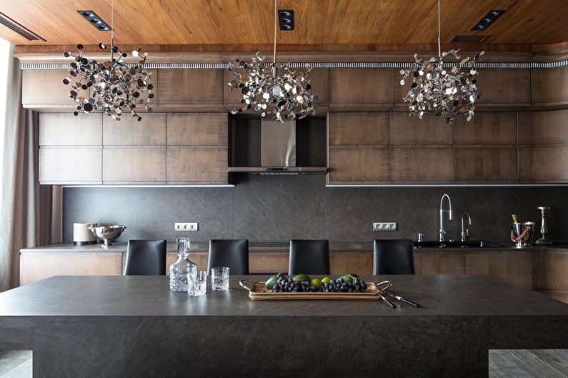 صورة المطبخ الجميلة - غرفة المعيشة المطبخ مع نسيج خشبي