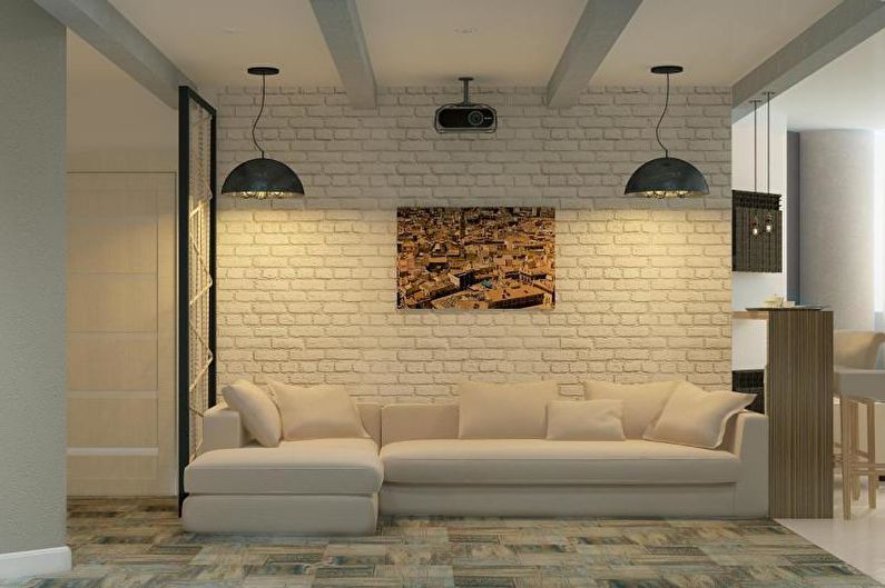 Дизајн ентеријера дневне собе у стилу Лофт - фото