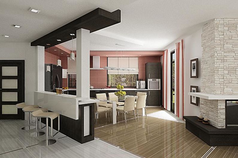 Design of the kitchen-dining room - Zoning with a bright wall