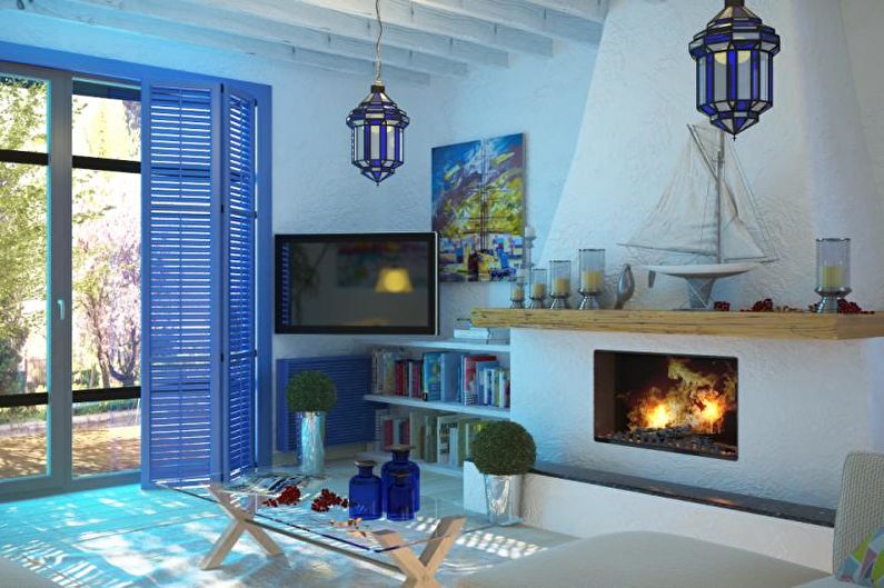 Design interior interior pentru camera de zi în stil mediteranean - fotografie