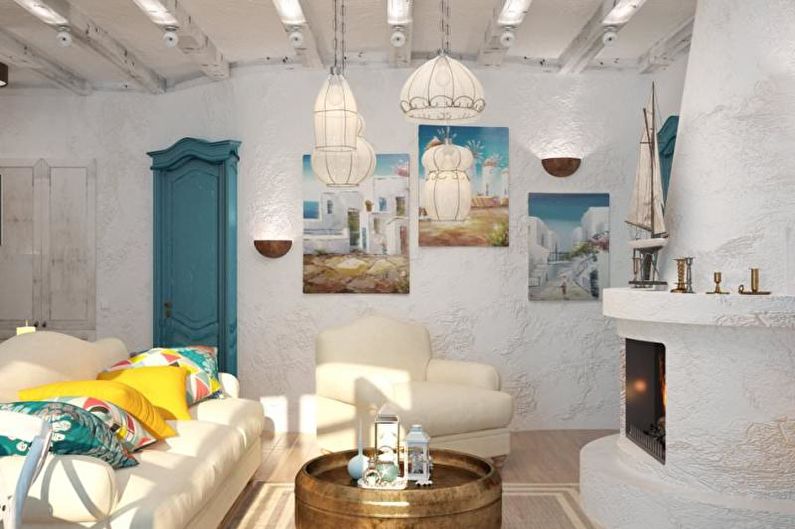 Návrh interiéru obývacího pokoje ve středomořském stylu - fotografie