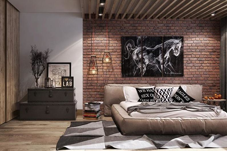 Brick wall in bedroom interior - photo