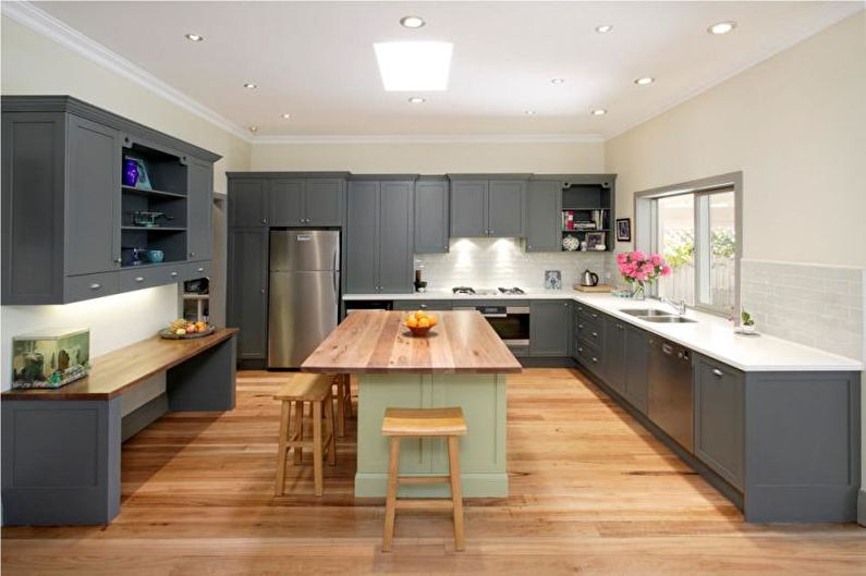 Pilkos spalvos virtuvės dizainas - grindų apdaila