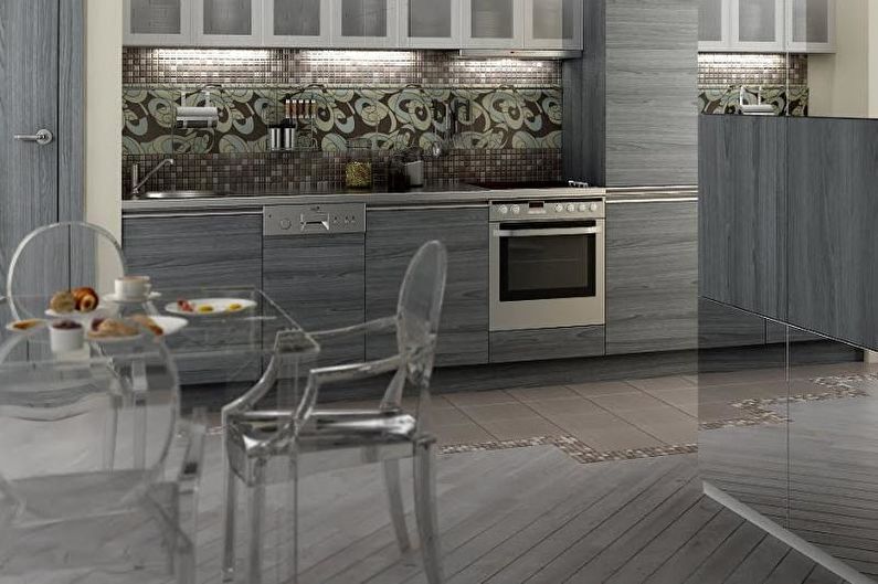 Pilkos spalvos virtuvės dizainas - grindų apdaila