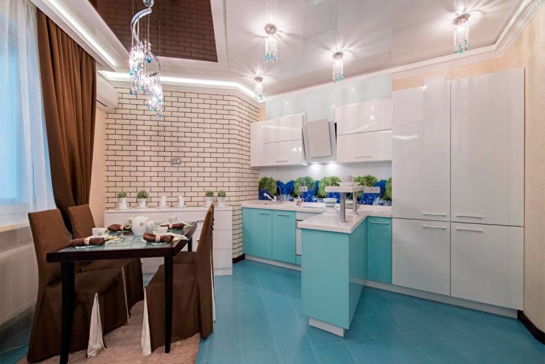 Turkio spalvos virtuvės dizainas - apšvietimo ir virtuvės prietaisai