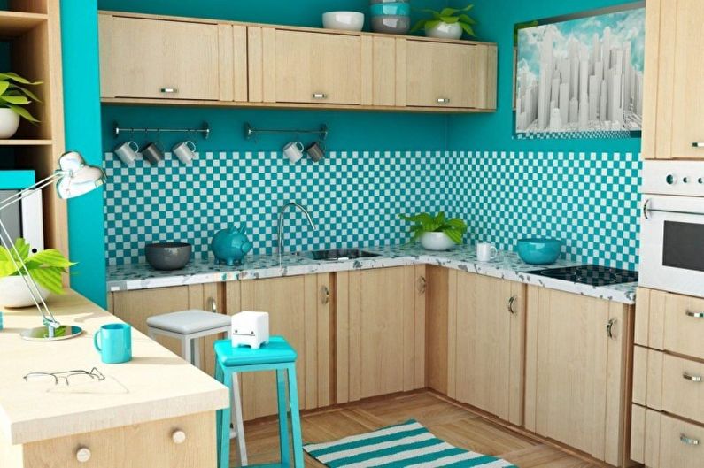 Reka bentuk dalaman dapur dalam warna pirus - foto