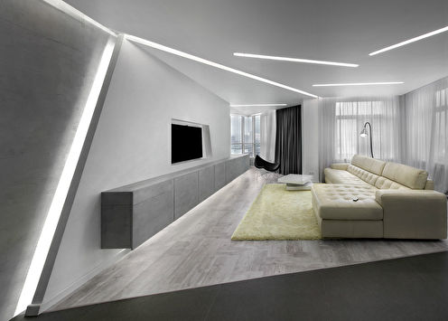 „Minimální koncept“: Interiér obývacího pokoje v kuchyni