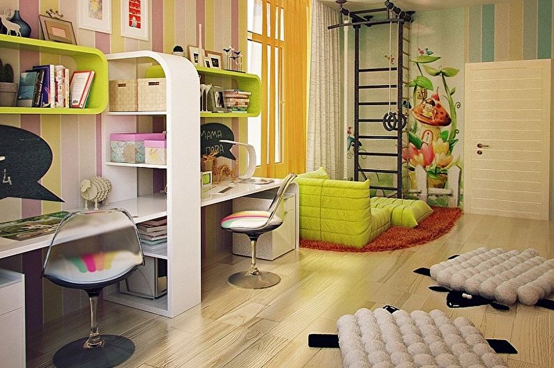 Bērnu istabas dizains zēnam un meitenei - grīdas apdare