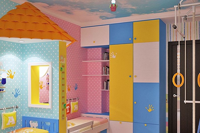 Bērnu istabas dizains zēnam un meitenei - griestu apdare