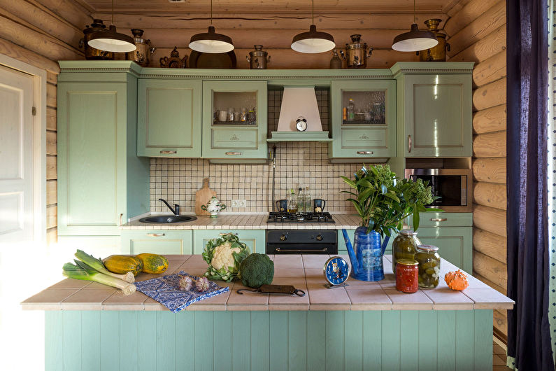 Bucătărie verde în stil rural - design interior