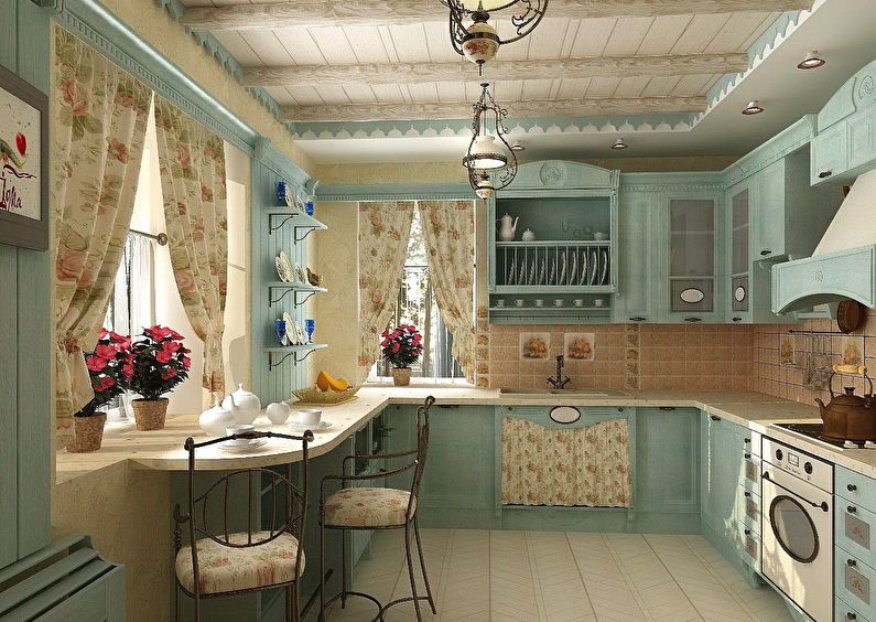 Bucătărie în stilul țării - design și decorațiuni pentru tavan