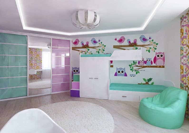 Bērnu istabas interjera dizains heteroseksuāliem bērniem