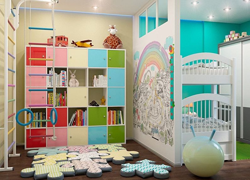 Interiørdesign av et barnerom for heterofile barn