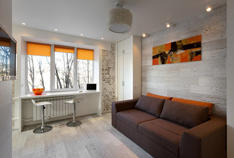 Design de interiores de uma sala de estar em Khrushchev - loft, minimalismo