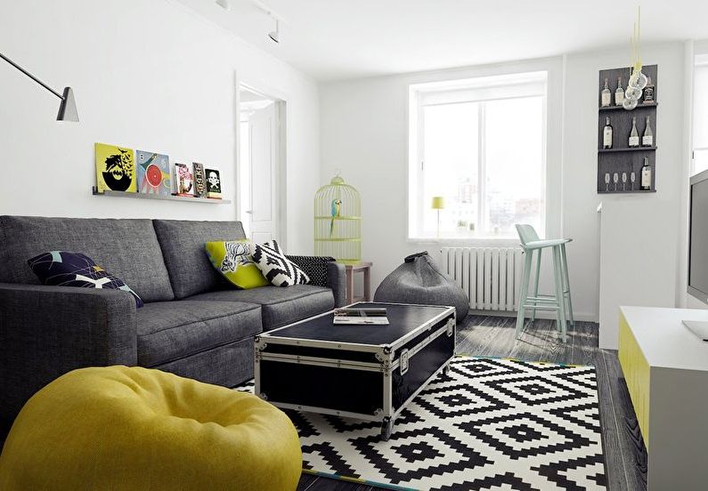 Interiérový design obývacího pokoje v Chruščově - skandinávském stylu