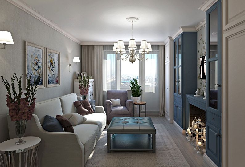 Modrý obývací pokoj v Chruščov - design interiéru