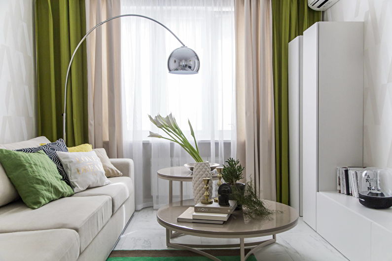 Zaļa dzīvojamā istaba Hruščovā - interjera dizains