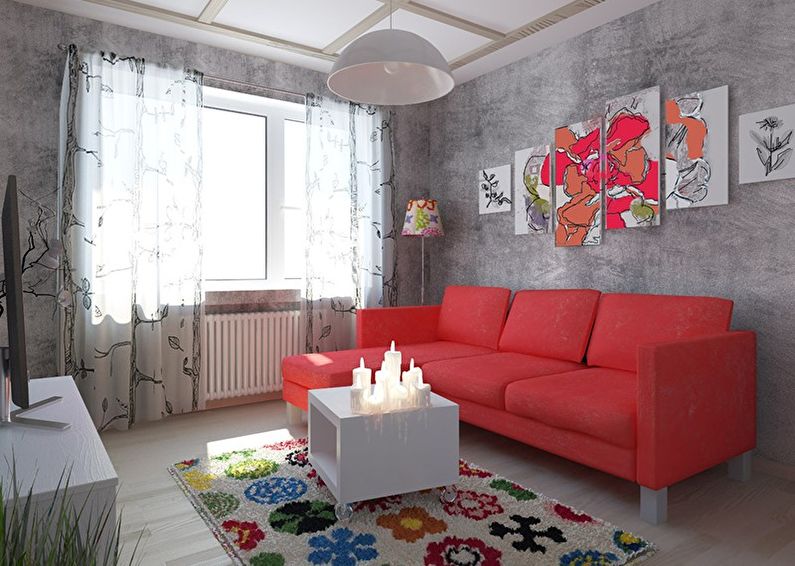 Červený obývací pokoj v Chruščově - design interiéru