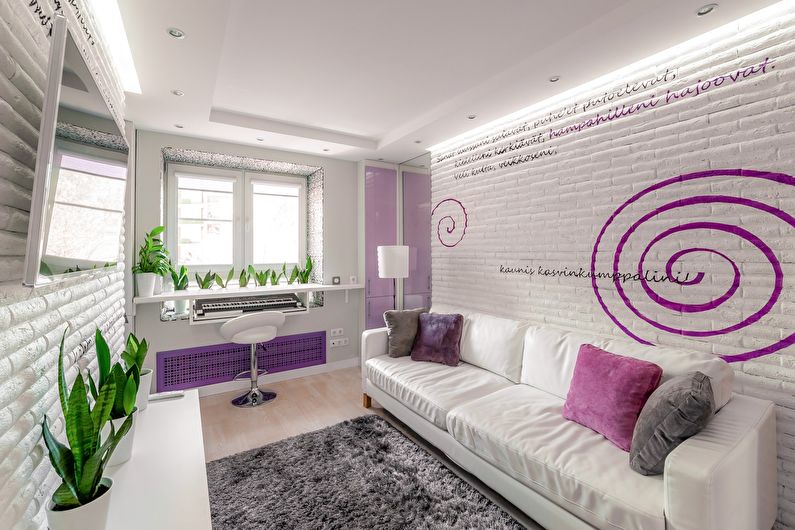 Ruang tamu violet di Khrushchev - reka bentuk dalaman