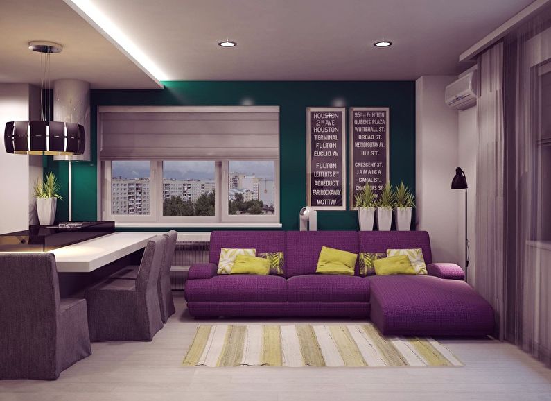 Sala de estar violeta em Khrushchev - design de interiores