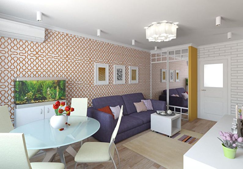 Oranža dzīvojamā istaba Hruščovā - interjera dizains