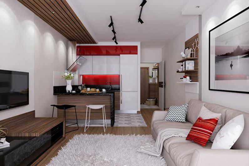 Projeto de um apartamento de um quarto de 30 m2 - Soluções em cores