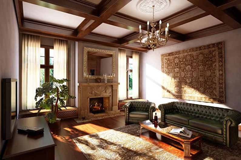 Dzīvojamā istaba lauku mājā klasiskā stilā - interjera dizains