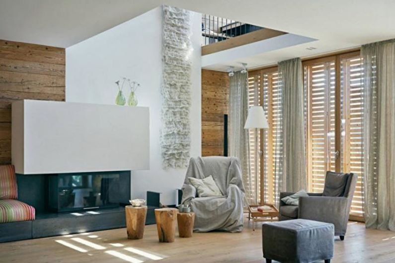 Diseño de sala de estar en una casa de campo: combinaciones neutrales