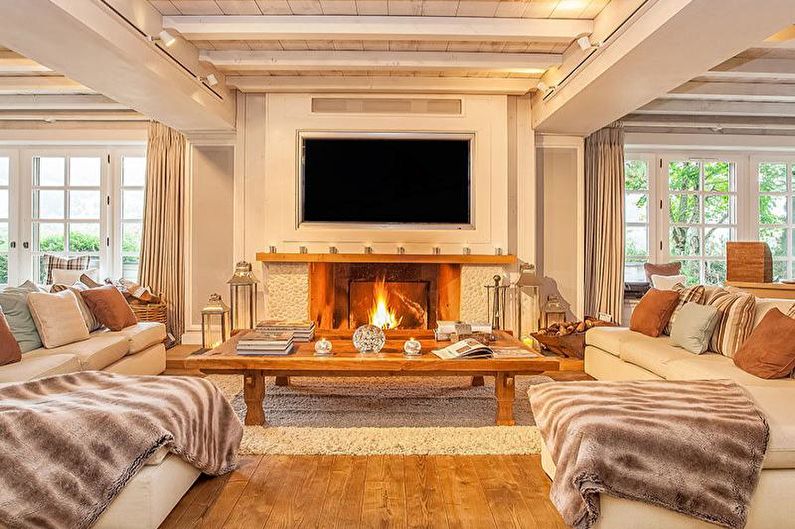 Design de sala de estar em uma casa de campo - combinações quentes