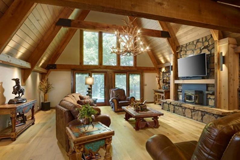 Design obývacího pokoje v venkovském domě - teplé kombinace