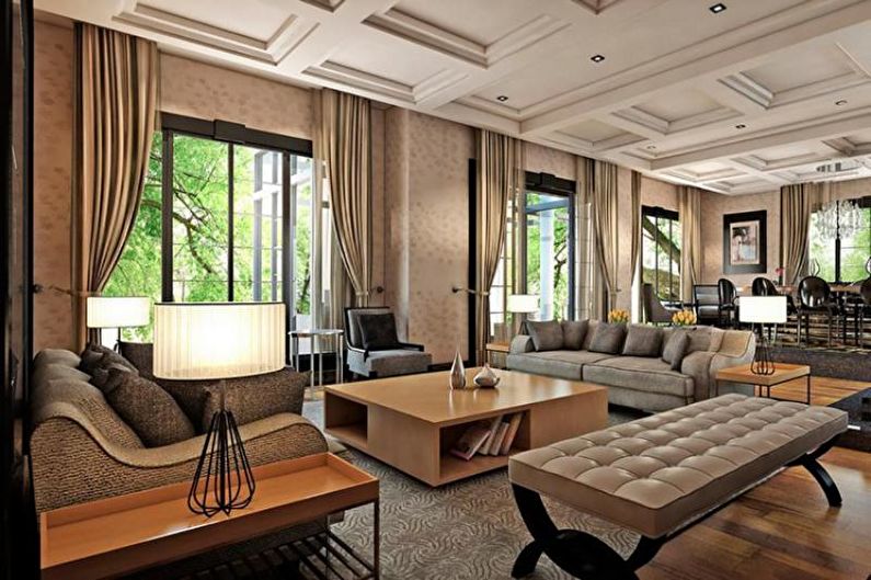 Design de sala de estar em uma casa de campo - móveis e decoração