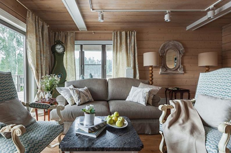 Dizajn interijera dnevne sobe u seoskoj kući - fotografija