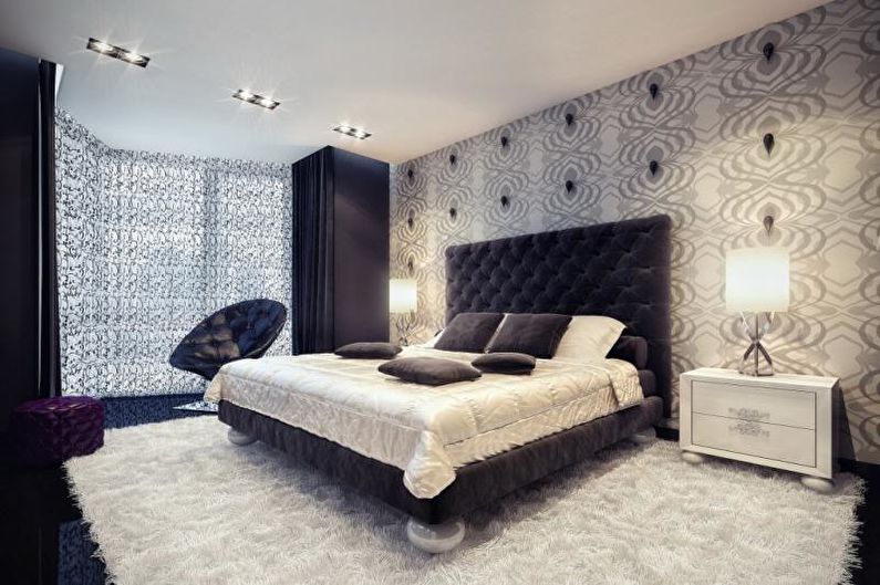 Pelēkas tapetes guļamistabā - interjera dizaina foto
